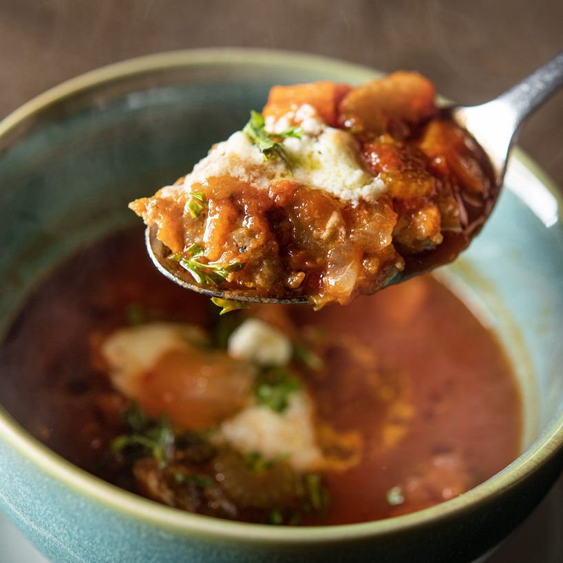 Italian Meatball Tomato Soup with Mascarpone Cheese