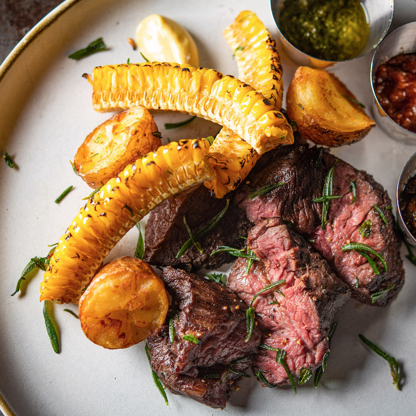 Beef Hanging Tender Confit and Fried Potato with 3 kinds of Dip