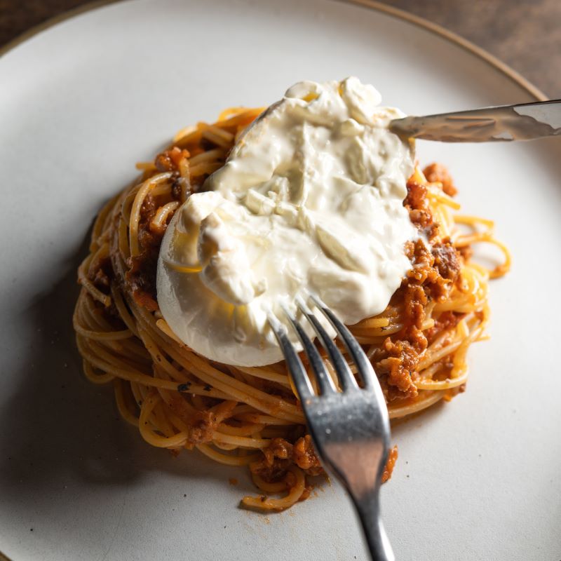 Bolognese Spaghetti with House-made Smoked Burrata